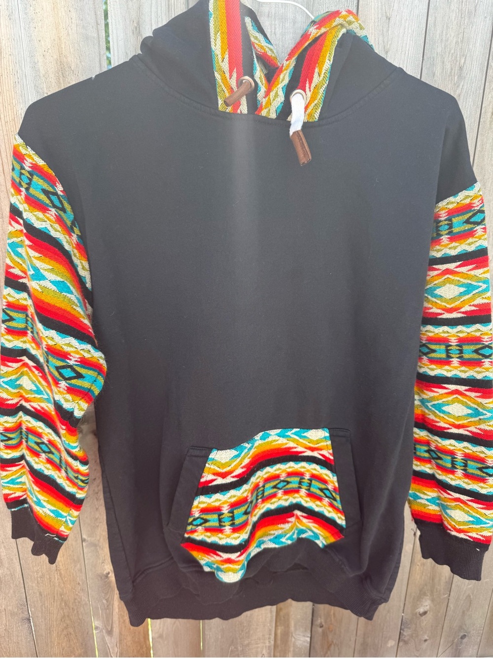 Native Black Hoodie with Multicolor Aztec Sleeves